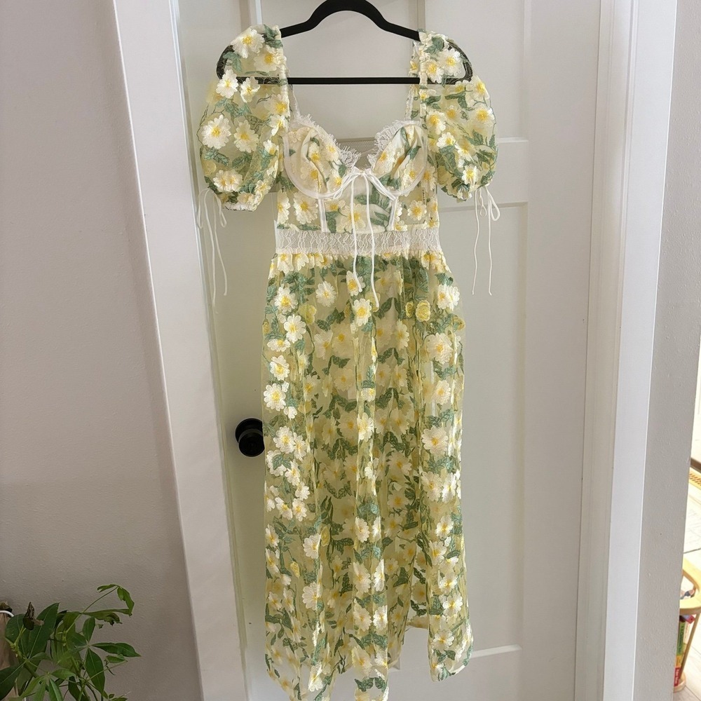 For Love & Lemons Yellow and Green Floral Midi Dress